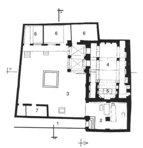 شکل 4: نقشه کلیسای تادئوس و بارتوقیمئوس مقدس:1-کوچه اختصاصی،2-فضای مقبره ای شکل،3-حیاط کلیسا،4-صحن شبستان،5-محراب،6-مقایر،7-سرویس بهداشتی