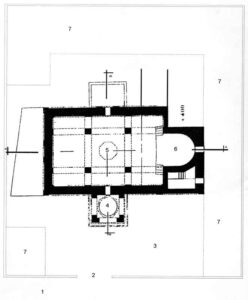 شکل 5: پلان کلیسای گئورگ مقدس:1-کوچه عمومی مشهور به کوچه کلیسا،2-ورودی کلیسا،3-حیاط کلیسا،4-ورودی شبستان و فضای ناقوش،5-صحن شبستان،6-محراب،7-فضای الحاقی