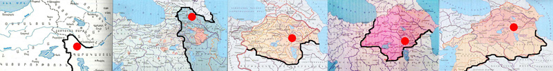 تصویر 1:تغییرات مرز میان ارمنستان و ایران در مقاطع تاریخی حائز اهمیت در معماری این مجموعه رهبانی.از سمت راست 1-نیمه دوم قرن اول پیش از میلاد 2-640 تا 849م 3-قرون نهم تا یازدهم میلادی 4-نیمه اول قرن هفدهم میلادی 5-پس از عهدنامه گلستان تا کنون