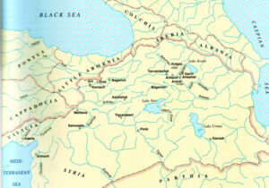 تصویر 2: نقشه ارمنستان در حدود سال 70 ق م.که بیشترین گستردگی حکومت ارمنستان را در زمان پادشاهی تیگران دوم نشان می دهد.