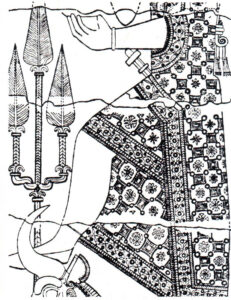 تصویر 25: جزئیات لباس خدا - انسان بر یک ستون یادبود سنگی متعلق به تمدن اورارتو در آدیل جواز (بنا بر ترسیم BRENTJES ).نقش های لباس شبیه به صلیب تصویر 24 است.