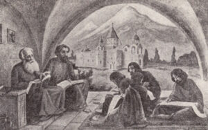 مسروپ ماشتوتس و ساهاک پارتو در حال تدریس به شاگردانشان