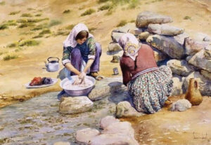 زنان روستایی در حال شستشوی لباس در کنار چشمه،آبرنگ،40 * 60، 1970م