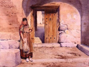 زن روستایی در کنار خانه روستایی،آبرنگ،40 * 60، 1984م