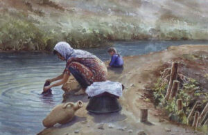 زن روستایی در حال شستشوی لباس در کنار چشمه،آبرنگ،40 * 60، 1982م
