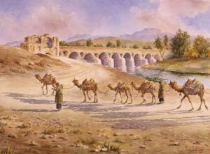کاروان شتر در کنار پل شهرستان،اصفهان،آبرنگ،40 * 60 ،1959م