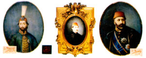 از چپ به راست: تک چهره سلطان عبدالمجید،سلطان مراد پنجم و سلطان عبدالعزیز،اثر جوزف ماناس