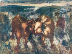 80*100 سانتی متر،اوایل دهه 60 میلادی،گاوها در مرزعه، رنگ روغن، روی بوم