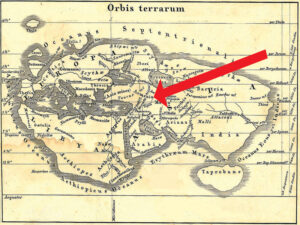 نقشه بازسازی شده در 1855م،شامل سه قاره اروپا،آسیا و آفریقا که در حدود سه قرن پیش از میلاد مسیح ترسیم شده و آرمنیا را در جنوب شرقی دریای خزر نشان می دهد.