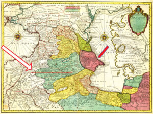 نقشه 1730 م گیوم دلیل با نام دریای خزر و سرزمین های مجاور.ارمنستان با رنگ سبز مشخص شده کل ارمنستان شرقی و بخشی از ارمنستان غربی را شامل می شود.