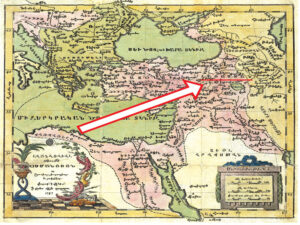 نقشه امپراتوری عثمانی به زبان ارمنی که در 1787م در چاپخانه صومعه مخیتاریان در جزیره لازار مقدس در واتیکان به چاپ رسیده است.ارمنستان بین امپراتوری عثمانی که با رنگ صورتی مشخص شده و ایران تقسیم شده است