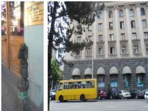 نمایی از خیابانی در تفلیس در پیاده رو مجسمه های متعدد آدمک ها دیده می شود