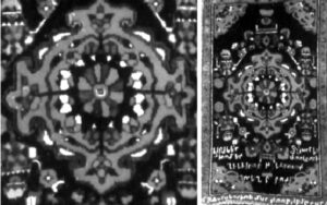 قالی روستای ذرنه،نمونۀ ترنج با حفظ فرم کلی صلیب منبع:هواساپیان،همان،ص107.
