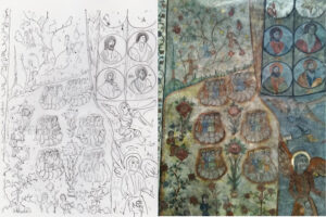 تصویر17: تصویر و طرح بخشی از نقش های سمت راست دیوارۀ شمالی(تصویر صورت قدیسان، باغ بهشت و گروه های انسانی)‏