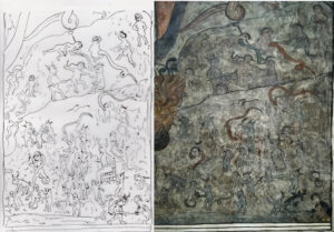 تصویر19: تصویر و طرح بخشی از نقش های دیوار شمالی کلیسا(صحنه های مجازات گناهکاران)