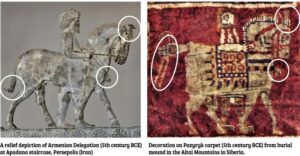 شباهتهای موجود میان تصویر اسبهای ارمنیان در تخت جمشید در حضور شاه ایران با طرح مشابه آن در قالی پازیریک