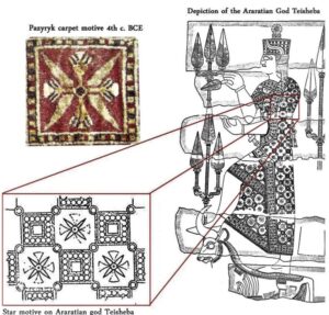 شباهت کامل گلهای قالی پازیریک با نقشهای متعلق به پادشاهان اورارتو در توشبا، پایتخت این پادشاهی